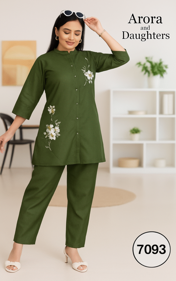 Olive Green Floral Embroidered Co-ord Set