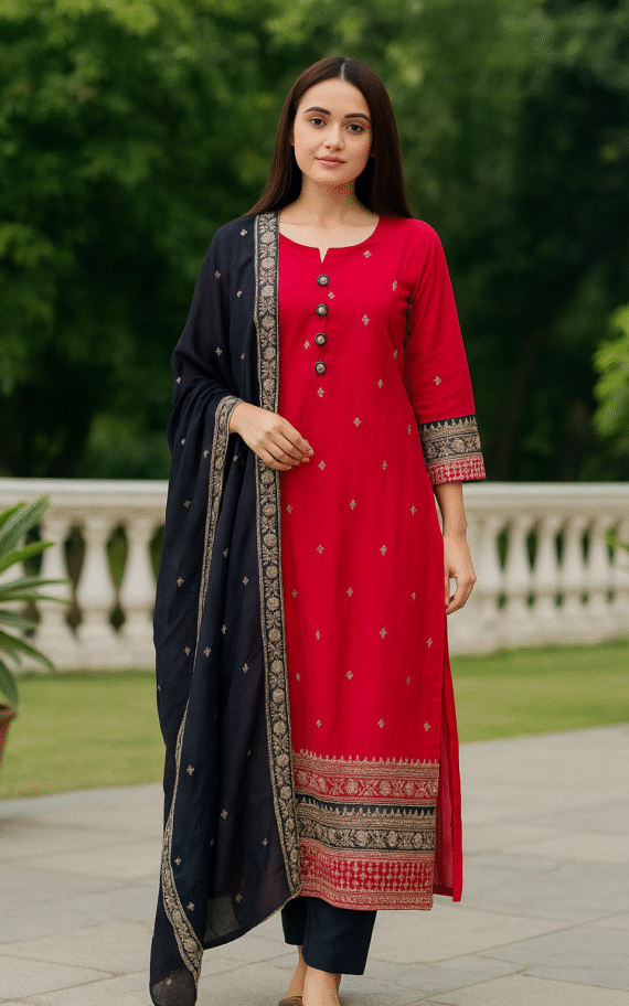 Hot Pink Embroidered  Ethnic Suit Set with beautiful Potli Pouch