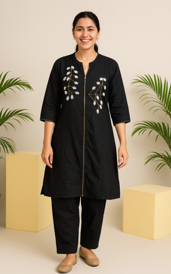 Black Cotton Embroidered Co-ord Set