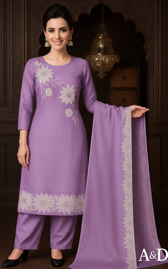 Lavender Floral Embroidered Muslin Fabric Suit