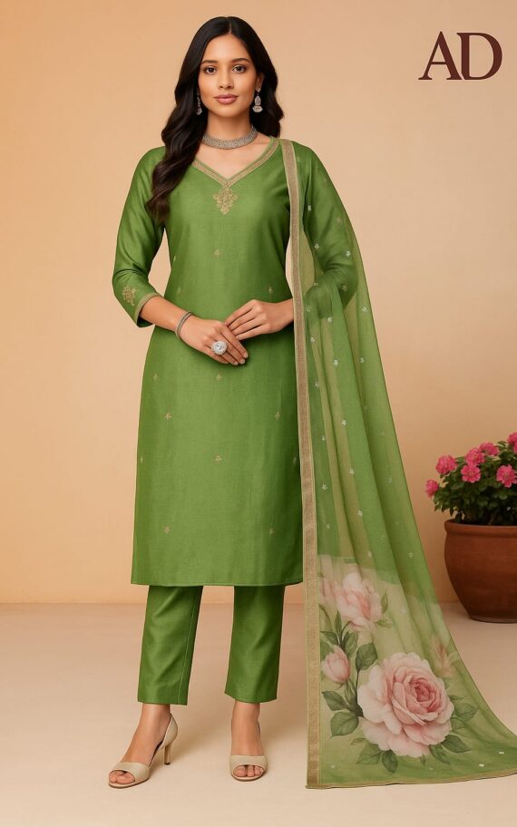 Olive Green Minimal Embroidered Suit Set with Floral Dupatta