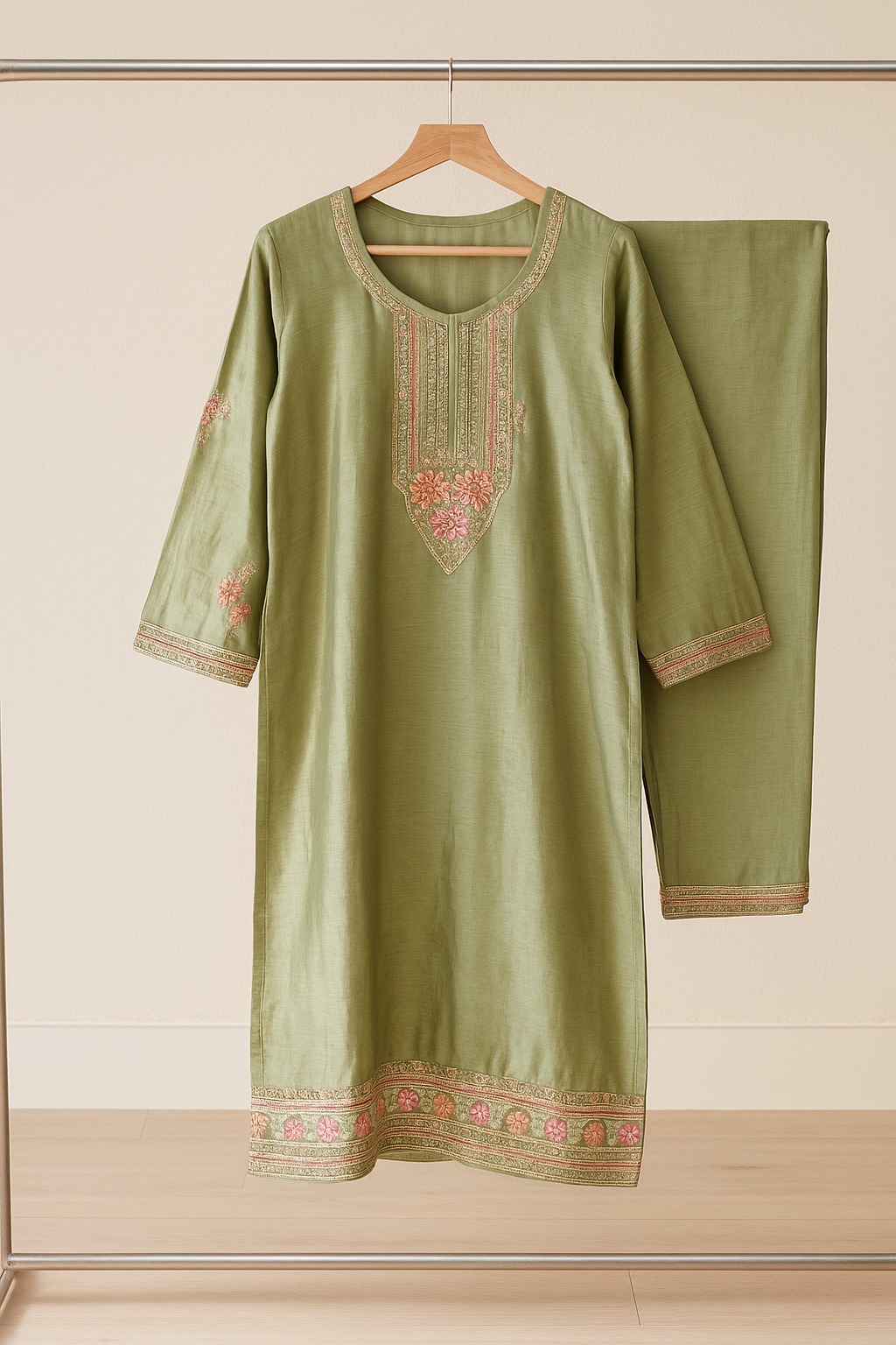Women's Olive Green Embroidered Cotton Kurta Pant Dupatta Set - Image 4