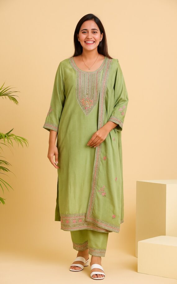 Women's Olive Green Embroidered Cotton Kurta Pant Dupatta Set