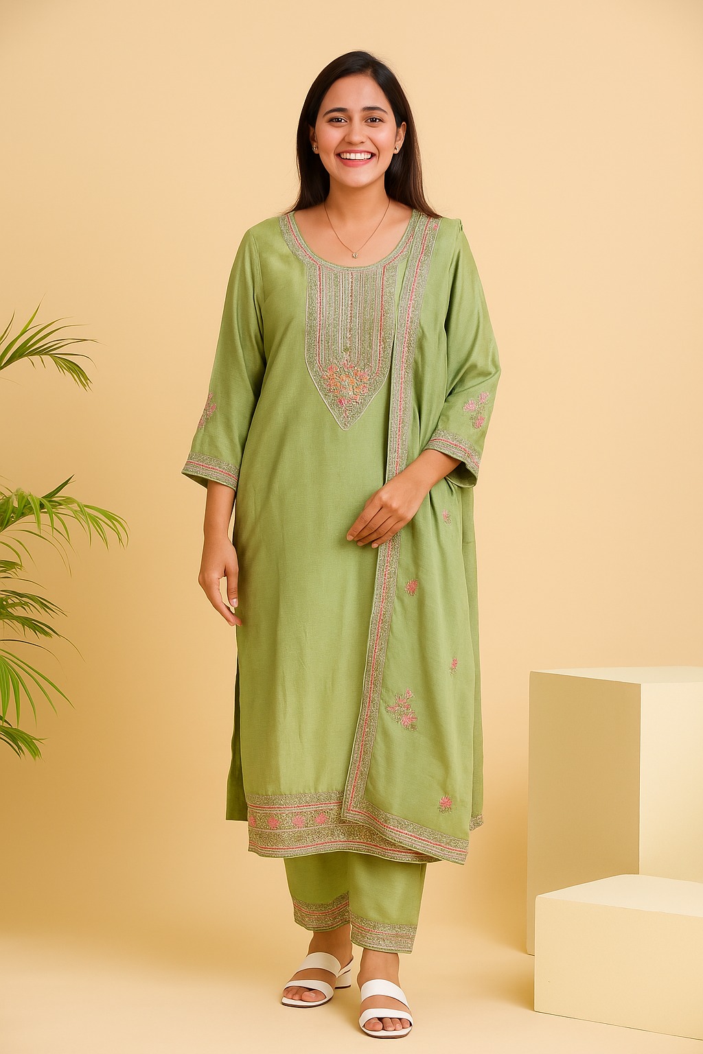 Women's Olive Green Embroidered Cotton Kurta Pant Dupatta Set